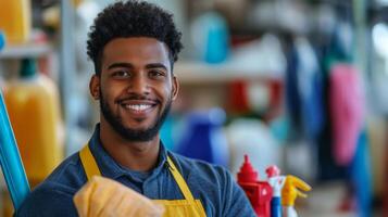 A smiling man with a beard wearing a yellow apron in a cleaning supply store photo