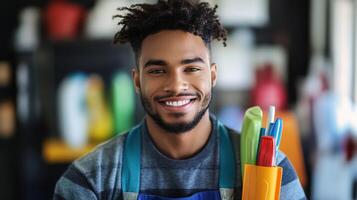 Portrait of a Smiling Man in a Blue Apron Holding Cleaning Supplies photo