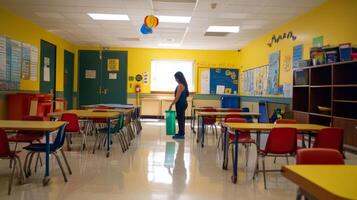 A woman cleans a classroom with a green bucket and mop photo