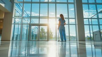A Woman in Scrubs Standing by a Window in a Modern Building photo