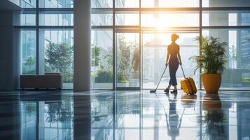 Woman Cleaning a Modern Office Building Lobby photo