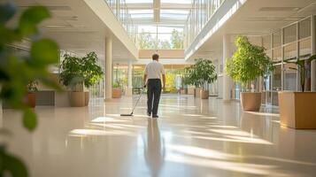 Man Cleaning a Modern Office Building Lobby Floor photo