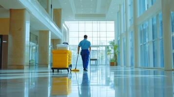 Janitor Mopping the Floor in a Modern Building with Large Windows photo