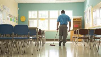 A Janitor Mopping the Floor of an Empty Classroom photo