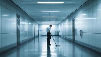 A lone janitor mops the floor of a clean, brightly lit hallway. photo