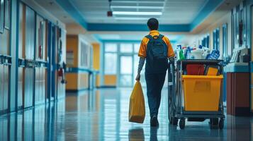 A Janitor Walking Down a School Hallway with a Cleaning Cart photo