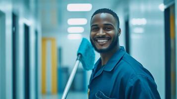 A smiling janitor holding a cleaning mop in a hallway photo