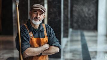 Mature Man Holding a Broom, Smiling and Looking at the Camera photo