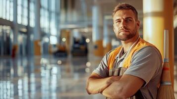 Confident Janitor Standing with Broom in Modern Building photo