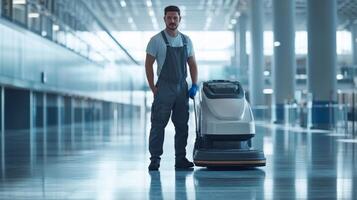 Janitor with Floor Cleaning Machine in Modern Building photo