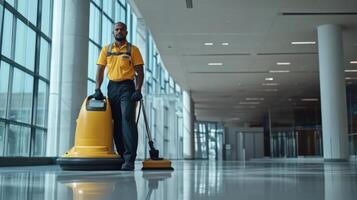 A Janitor Standing with a Floor Scrubber in a Modern Building photo