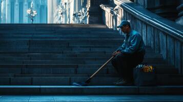 A Man Sitting on Steps with a Broom, Holding a Cleaning Tool photo