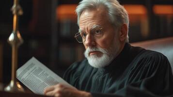 Serious Senior Judge in Black Robe Reviews a Document photo