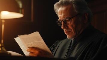 Senior man wearing a robe, reading a document under dim lighting photo