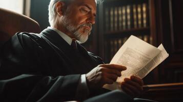 Serious Judge Reading Legal Documents in Courtroom Setting photo