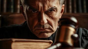 A Stern Judge with Gavel and Book Ready to Deliver Justice photo