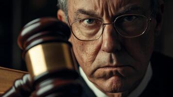 Close-up of a Serious-Looking Judge with a Gavel photo