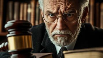 Close-up of an Elderly Judge with a Gavel and Book photo