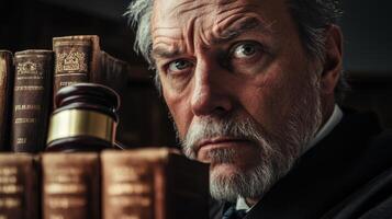 Close-up Portrait of a Serious Man with a Gavel and Law Books photo