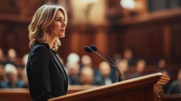 Woman in a Suit Speaking at a Podium with Microphones photo