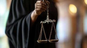 Hand holding scales of justice with blurred background photo