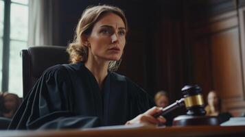 A Female Judge Holding a Gavel in a Courtroom photo