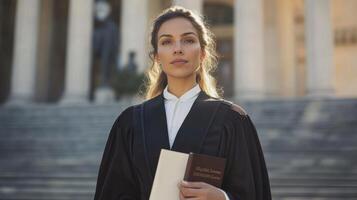 Woman in Lawyer's Robe Holding a Book in Front of a Courthouse photo