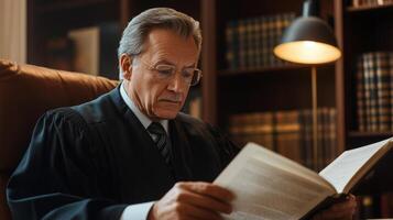 Senior Judge in Black Robe Reading a Book in a Library photo