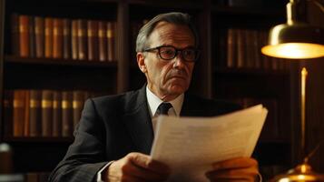 A Man in a Suit Reads a Document in a Library Setting photo