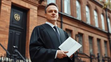 A Lawyer in a Black Robe Holds a Legal Document Outside a Brick Building photo