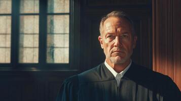 A Serious Judge Standing In Front of a Window photo