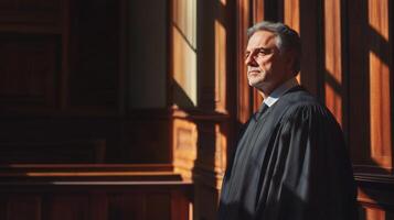 A Judge in a Black Robe Stands Against a Wooden Wall photo