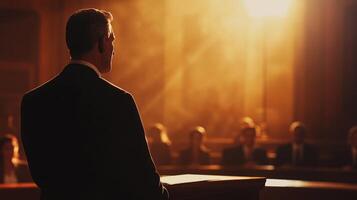A Man in a Suit Standing at a Podium Facing an Audience in a Warmly Lit Hall photo