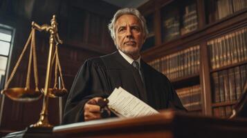 Judge reviewing documents in a courtroom with a scale of justice photo