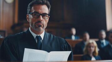 A Lawyer Reading a Document in a Courtroom photo