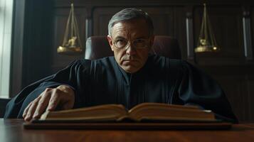 Judge in Black Robe Reading a Book in a Courtroom photo