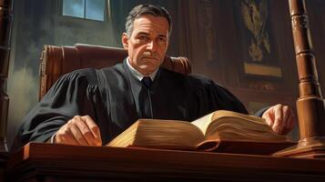 A Judge in a Robe, Seated at a Wooden Desk, Holding Open a Large Book photo