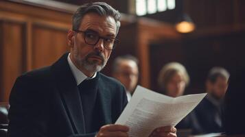 A middle-aged man in a dark suit and glasses reading a document. photo