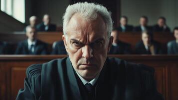 A Judge With a Stern Expression in a Courtroom Setting photo