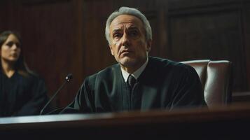 A Judge in a Courtroom Looking Upwards photo