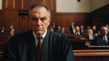 A Judge in His Courtroom, Looking Seriously at the Jury photo