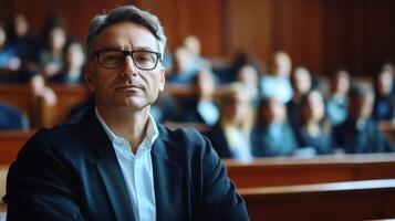 A man in a suit and glasses sits in a courtroom setting. photo
