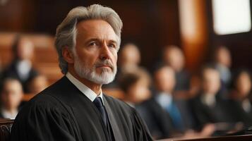 Serious Judge with Gray Hair and Beard in Courtroom photo