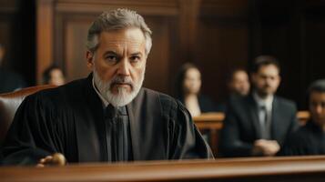 A Judge in a Courtroom, Gavel in Hand, Ready to Deliver Justice photo