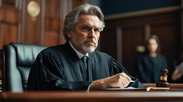 Serious Judge in Black Robe Writing at His Desk in Courtroom photo