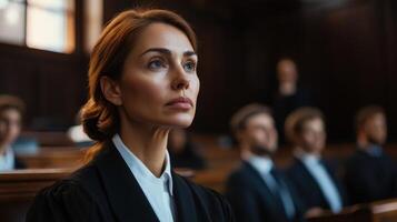 A Woman in a Black Robe, Looking Up Thoughtfully in a Courtroom photo