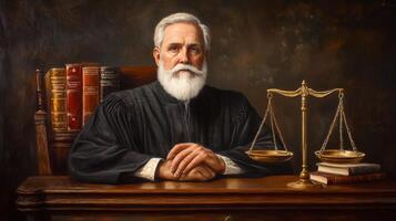 Portrait of a Judge with Scales of Justice and Law Books photo