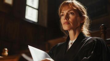 Woman in a Black Robe Holding a Book, Looking Upward in a Dimly Lit Room photo
