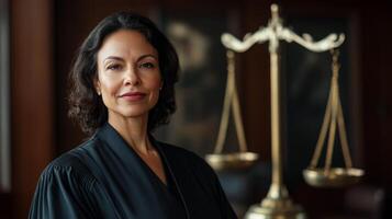 A Female Judge in a Black Robe with a Scale of Justice in the Background photo