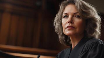 Close-up Portrait of a Woman with Gray Hair and a Serious Expression, Possibly a Judge or Lawyer photo